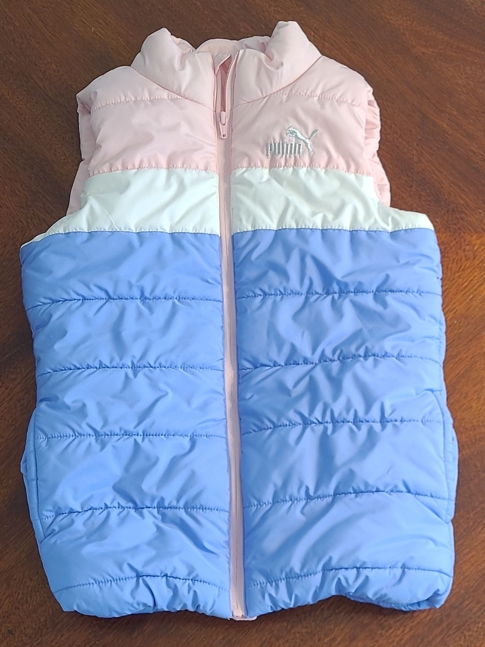 Puma Girls size Medium 10-12, Colorblock Puffer Vest - Pink, White & Blue
